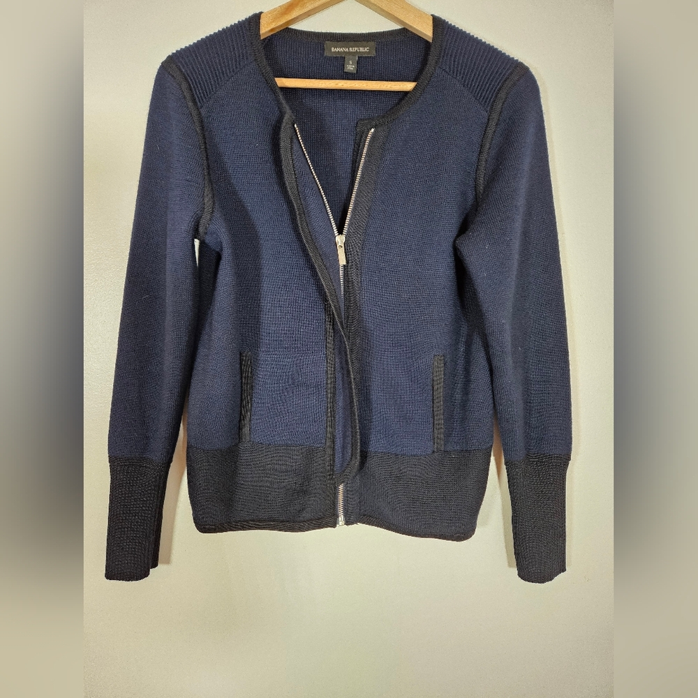 Banana Republic Womens Knit Zip Cardigan Navy Merino Wool Blend Preppy SZ S